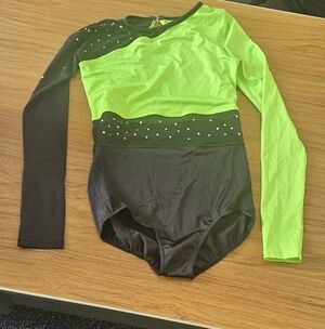 Lime Green & Black Long Sleeve Leotard Rave Dance Gymnastics Costume